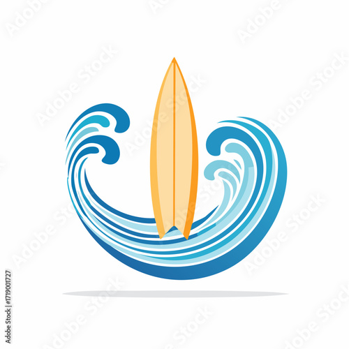 Illustration of a surfboard standing upright in the middle of two ocean waves, with a shadow.