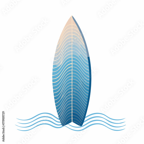 Surfboard standing in the water with blue and white wave pattern.