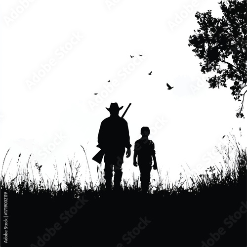 Father and son hunting silhouette set black and white graphic elements isolated on white background