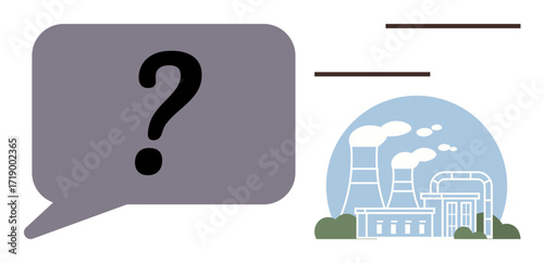 Question mark in gray speech bubble paired with industrial factory emitting smoke. Ideal for communication, sustainability, energy, air pollution, decision-making, industry, and problem-solving