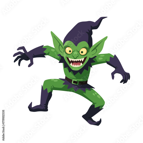 An evil cartoon green goblin with a toothy smile gestures menacingly.