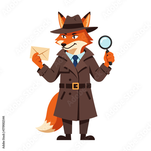 A cartoon fox detective in a trench coat holds a magnifying glass and a letter.