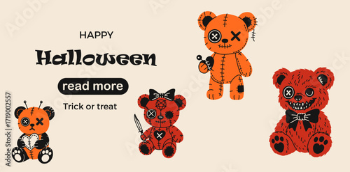 Web page design template. Spooky Halloween Teddy Bears with Voodoo Details