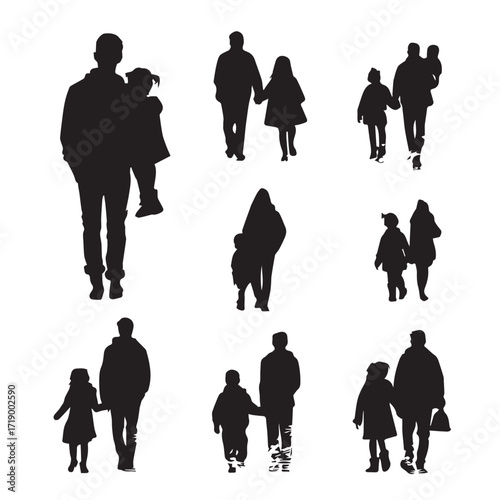 Father and daughter walking together silhouette set isolated on white background