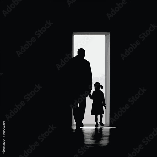 Father and daughter walking together black and white silhouette isolated on white background
