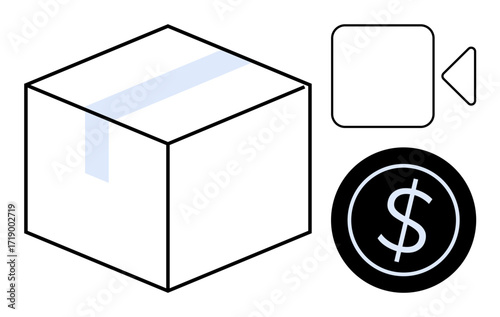 Box with tape, dollar coin, and video camera icon. Ideal for e-commerce, shipping, costs, marketing, delivery, logistics and trade concepts as a simple flat metaphor