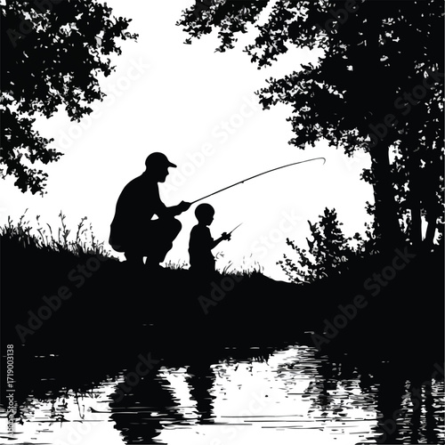 Father and son fishing together silhouette set capturing cherished moments of bonding isolated on white background