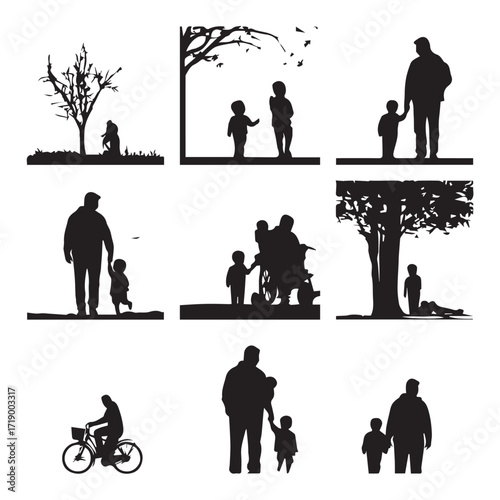 Diverse fatherhood silhouette set depicting bonding moments isolated on white background