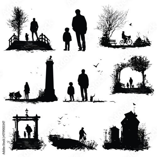 Diverse fatherhood silhouette set showcasing loving paternal bonds and family moments isolated on white background
