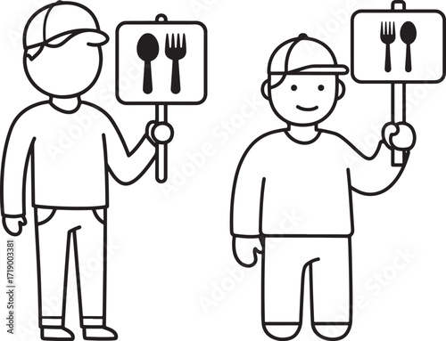 Two people holding signs with cutlery icons silhouette