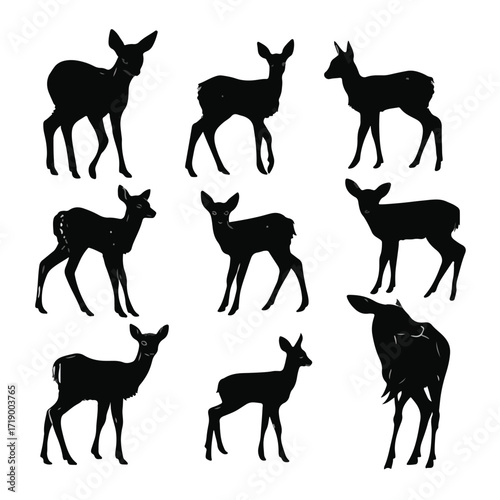Collection of black and white fawn silhouettes in various poses isolated on white background