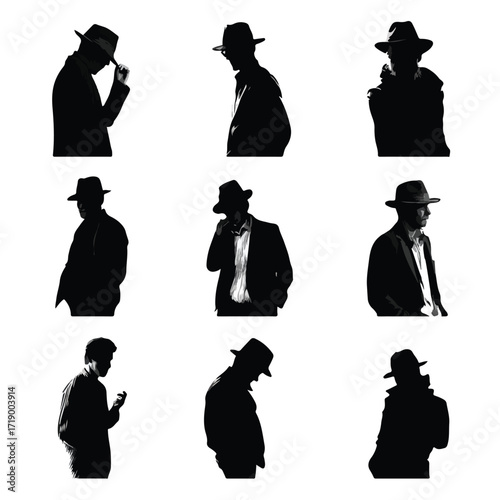 Collection of diverse fedora hat silhouettes in black and white isolated on white background silhouette