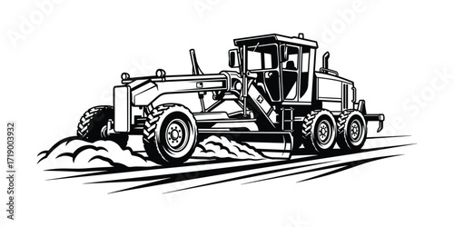 Black and White Road Grader Vector Illustration