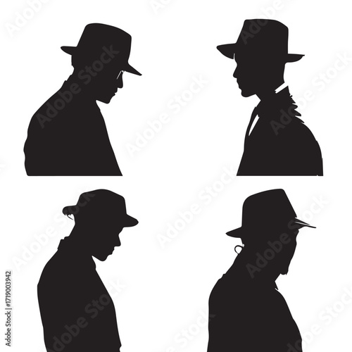 Collection of diverse fedora hat silhouettes in black and white isolated on white background