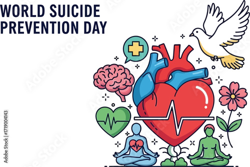 World suicide prevention day concept with heart, brain, flower, dove, and yoga