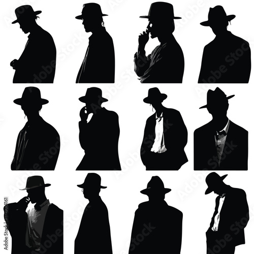 Collection of classic fedora hat silhouettes in black and white isolated on white background silhouette