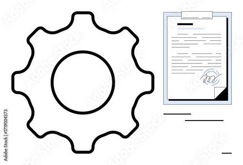Gear next to a signed document conveys streamlined processes, efficiency, legal compliance. Ideal for business workflow, agreement, contract management, automation, productivity, policy adherence