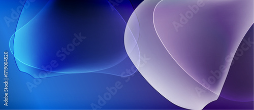Abstract fluid shapes blend, creating cool blue, purple gradients. Soft light illuminates flowing forms, evoking calm atmosphere.