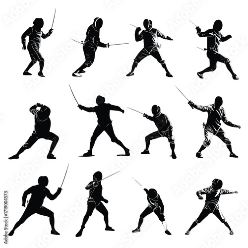 Collection of fencing silhouettes in dynamic poses isolated on white background