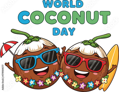 Two cheerful coconuts celebrate world coconut day, one with sunglasses and a surfboard