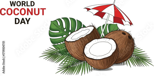 A refreshing coconut arrangement with tropical leaves celebrates world coconut day