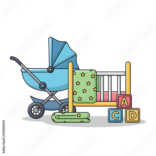 Collection of Baby Items Including Stroller Crib and Alphabet Blocks