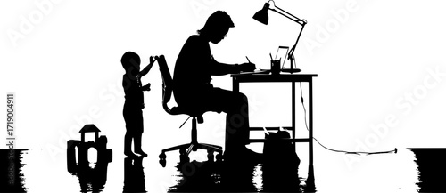 Father Working While Child Plays Nearby Silhouette

