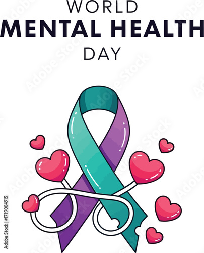 World mental health day illustration with a ribbon and hearts raising awareness of mental health issues worldwide