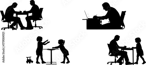 Father Working While Child Plays Nearby Silhouette
