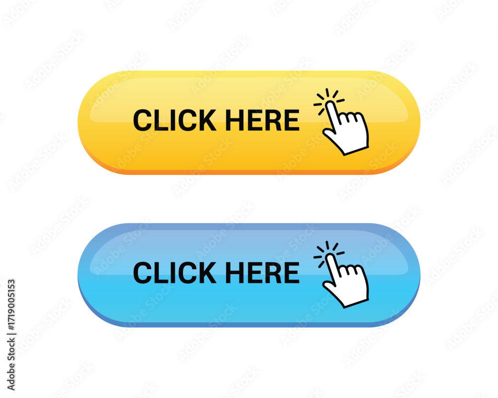 Fototapeta premium Click Here Buttons in Yellow and Blue with Hand Pointer