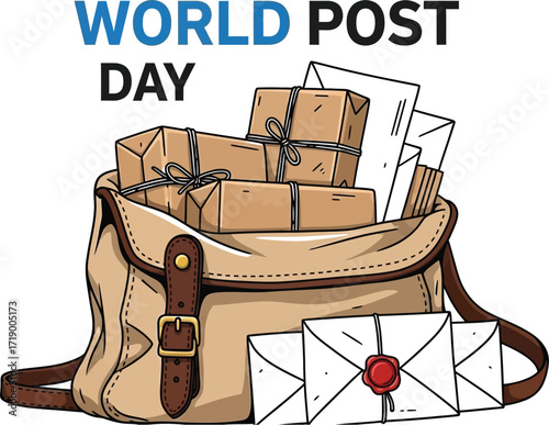 World post day illustration with a bag full of letters and parcels celebrating the importance of postal services