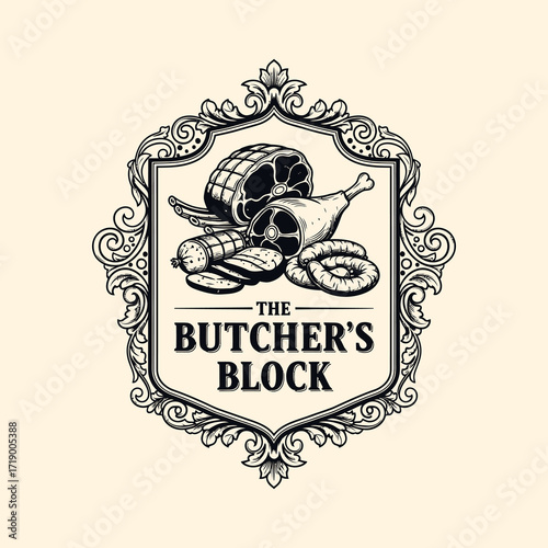 Vintage monochrome emblem for 'The Butcher's Block' featuring various meat cuts like ham, leg, sausages, and salami within an ornate decorative shield.