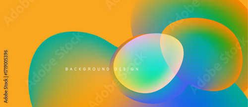 Abstract vibrant shapes overlap. Orange, turquoise, blue hues blend smoothly creating modern design. Text reads background design.