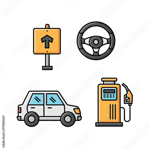 Set of four icons representing car driving and refueling services