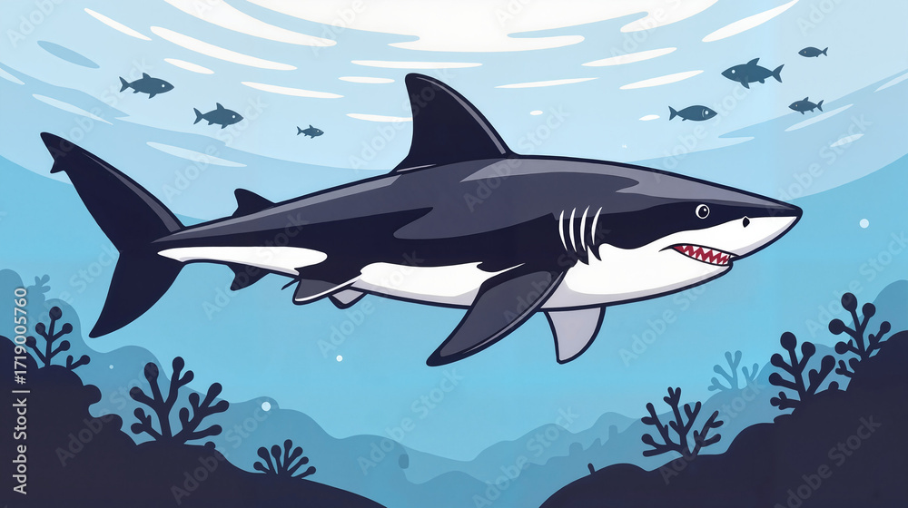 Fototapeta premium Cartoon shark swimming in ocean with underwater plants and fish 