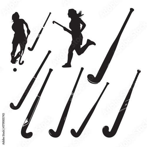 Collection of diverse field hockey stick silhouettes for sports graphics and designs isolated on white background