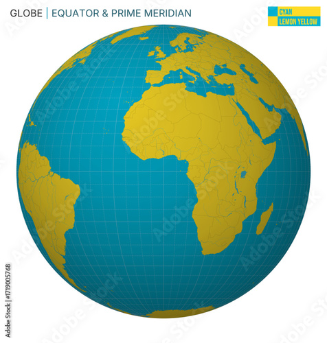 Vector Globe centered to Equator & Prime Meridian. Cyan Lemon Yellow palette. World map with meridians, parallels, countries, rivers and lakes. Charming vector illustration.