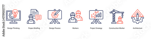 Creative Development web banner icon vector illustration featuring Design Thinking, Project Briefing, Design Process, Workers, Project Strategy, Construction Worker, and Architecture.