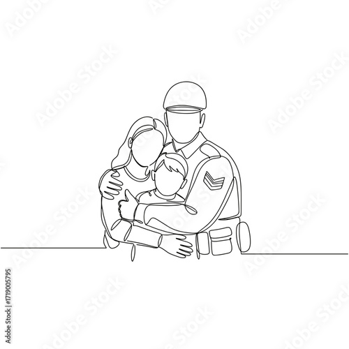 Family embracing police officer in uniform with love and support  