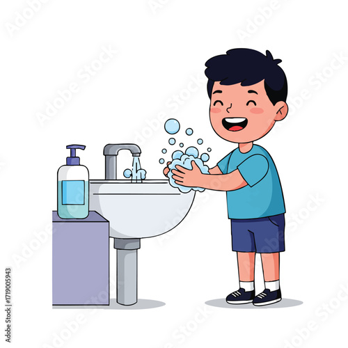 A happy child learns proper handwashing technique at a sink, surrounded by soap, water, and bubbles in a vibrant 2D flat vector illustration on a clean white background.