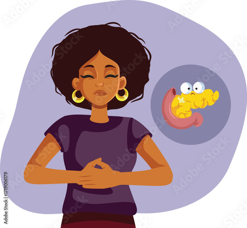 Woman Complains of Pancreatic Pain Vector Illustration. Person feeling sick because of Exocrine Pancreatic Insufficiency 