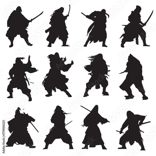 Dynamic fighting silhouettes set in action poses isolated on white background silhouette