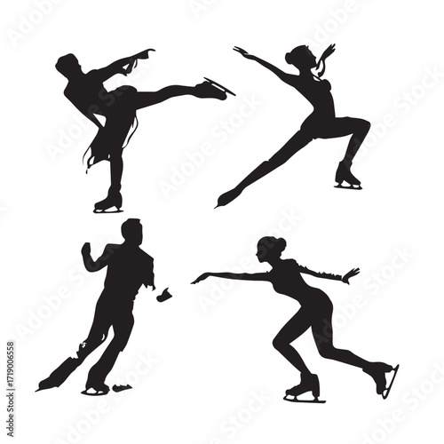 Collection of diverse figure skate silhouettes in black and white isolated on white background