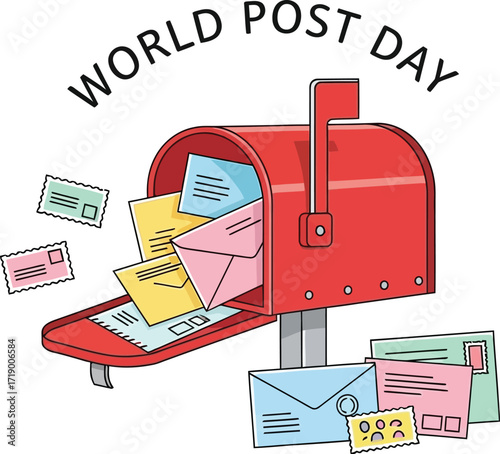 A red mailbox overflowing with letters for world post day, celebrating the importance of postal services worldwide