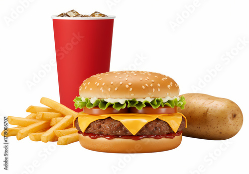 Free Transparent PNG Rustic  Classic Burger Meal: Cheeseburger, Fries, Soda, Potato