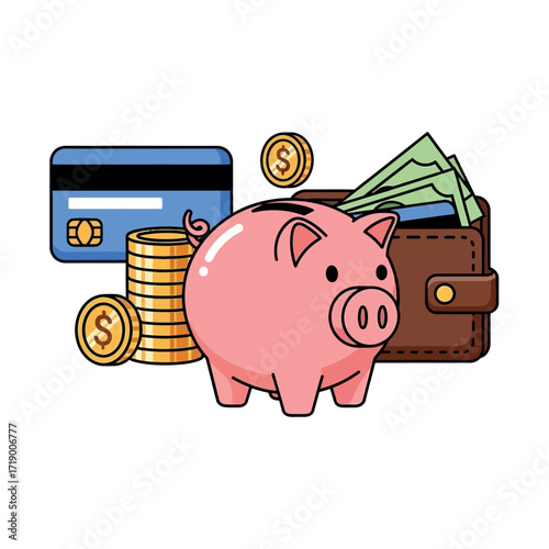 Piggy Bank and Wallet Full of Money Symbolizing Savings and Financial Management