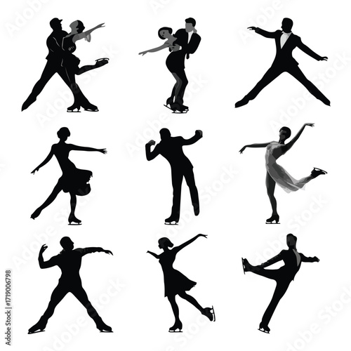 Collection of diverse figure skating silhouettes in black and white isolated on white background