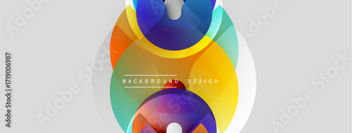 Abstract colorful shapes overlap, creating dynamic visual effect. Gradient hues blend smoothly, forming modern design element.