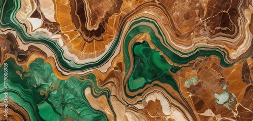  Brown marble background with bold green mineral streaks, glossy onyx design.