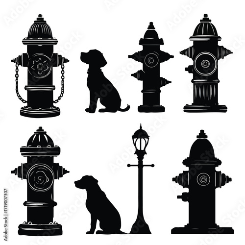 Collection of fire hydrant silhouettes in various poses isolated on white background
